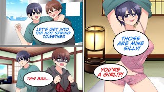 [Manga Dub] Two guys go on a hot spring trip, but he finds out the other is a woman [RomCom]