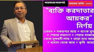 “ব্যক্তি করদাতার আয়কর” নির্ণয় (বেতন+সঞ্চয়পত্র+সুদ +লভ্যাংশ+মূলধনী লাভ+ভাড়া আয় + ব্যবসা +কৃষি)