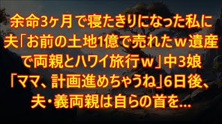 余命3ヶ月で寝たきりになった私に夫「お前の土地1億で売れたｗ遺産で両親とハワイ旅行ｗ」中3娘「ママ、計画進めちゃうね」6日後、夫・義両親は自らの首を…