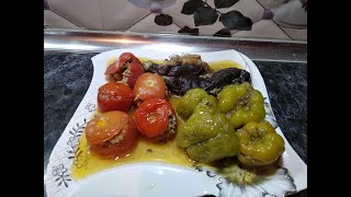 Noxudlu dolma (3 bacı dolması) - pomidor badimcan biber dolmasi