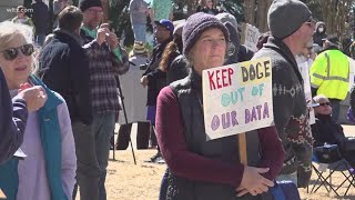 Protestors gather at the State House opposing President Trump's administration and recent actions