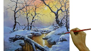 Acrylic Landscape Painting in Time-lapse / Sunrise on Winter Forest / JMLisondra