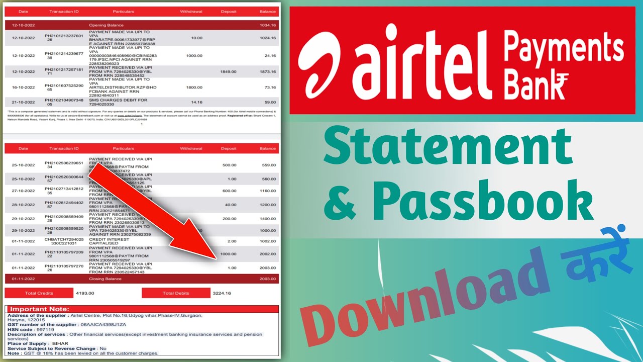 Airtel Payment Bank Ka Statement & Passbook Kaise Download Kare| How To ...