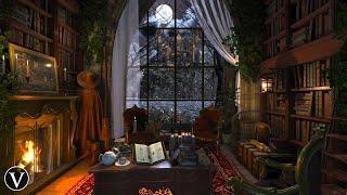 Wizard's Library | Halloween Night Ambience | Fireplace, Wind, Rain & Thunderstorm Sounds