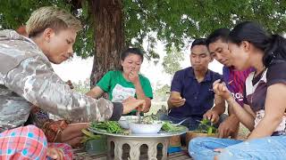 แกงหน่อไม้กินข้าวเที่ยงกับทีมงานยุใต้ต้นบักขามพี่น้องแชบโพดโพสาวจ่อยยกโป้ให้เลย