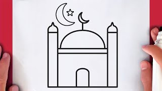 رسومات رمضان / طريقة رسم مسجد سهل مع هلال ونجمة رمضان خطوة بخطوة / تعليم الرسم للمبتدئين