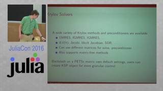 PETSc.jl: Interfacing an Enormous C Sparse-Matrix Library | Jared Crean | JuliaCon 2016