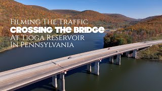 Beautiful Fall day filming traffic crossing the Tioga Reservoir Bridge in Pennsylvania