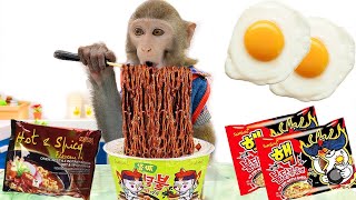 Baby monkey Bim Bim eats noodles and eggs and plays with puppies