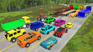 Flatbed Trailer Cars Transportation with Truck - Speedbumps vs Cars vs Train - BeamNG.Drive #102