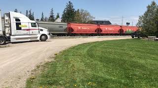 CN L568 GP38-2's 4908 4732 4716 Baden Ontario CN Guelph Subdivision Going Past International Truck