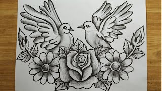 how to draw pigeon and rose flowers with pencil sketch,how to draw bird and flowers,bird drawing,