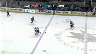 Dan Boyle hipchecks Curtis Glencross