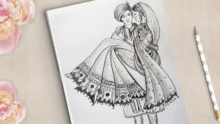 How to Draw Traditional Wedding Couple Very Easy || Couple Drawing Easy