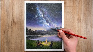 Sing By The Campfire Under The Stars Of Milky Way / Acrylic Painting Easy Art Tutorial # 36