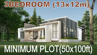 Modern 3 Bedroom Bungalow House Design  | Flat Roof (13 x 12 Meters) Interior & Exterior animation