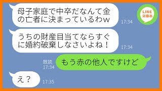 【LINE】母子家庭で中卒の私を遺産目当ての女と決めつけて婚約破棄させる姑「お金目当てならすぐ別れろw」→勘違いするDQN義母にある衝撃の事実を伝えてやった結果w【スカッとする話】