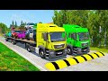 Double Flatbed Trailer Truck vs Speedbumps  Train vs Cars  Tractor vs Train  BeamNG Drive #040