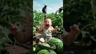 The baby is crying in the watermelon field while the parents are doing farm work!