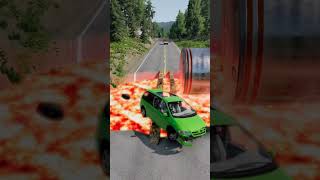 Cars Crossing Lava & Bollards With Logs Bridge - BeamNG.Drive Crashes