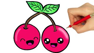 Drawing fruits, How to Draw Cherries With Color Pencils, kawaii drawings, how to draw a cute cherry