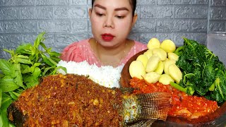 ikan nila bumbu pedas,rebusan daun pepaya,sambal bawang, jengkol muda,lalapan Mukbang