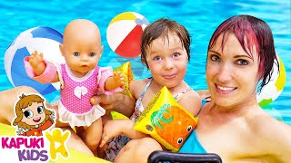 Bianca, Baby Annabell & baby born at the swimming pool. Kids play toys. Baby dolls videos for babies
