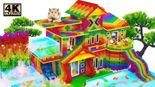 Build Mega Mansion with Supercar Garage and rainbow slide for Hamster From Magnetic Balls Satisfying