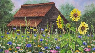 Rustic Country Barn with Sunflowers Acrylic Painting LIVE Tutorial