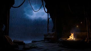 Cozy Beach Cave Ambience🌊Crackling Camp Fire, Storm & Ocean Wave Sounds to Relax, Meditate, Sleep🔥
