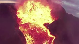 Drone captures erupting Icelandic volcano