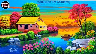 Beautiful Riverside Nature Scenery Painting with Earthwatercolor|Riverside Village Scenery Painting