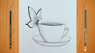 How to Draw a Cup with Butterfly | pencil Sketch Drawing for Beginners | step by step Drawing