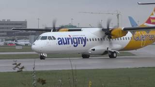 WET RUNWAY AURIGNY ATR SPECTACULAR TAKE OFF WITH ATC MANCHESTER WOW !!