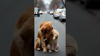 Poor dog protects his child on the street #動物 #birds #搞笑