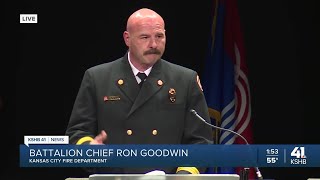 KCFD Battalion Chief Ron Goodwin speaks at funeral