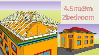 របៀបគូសម៉ូតផ្ទះទំហំ 4.5mx9m មានបន្ទប់ដេក2 បន្ទប់ទទួលភ្ញៀវ1 / sketch up