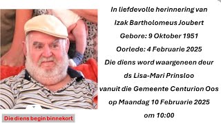 In liefdevolle herinnering van Izak Bartholomeus Joubert