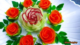 Attractive Garnish of Radish & Carrot Rose Flowers with Onion & Cilantro Designs