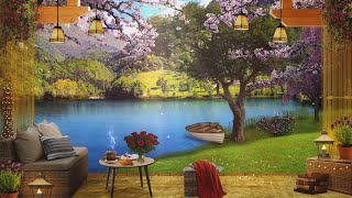 Cozy Cabin Porch by the Lake Ambience |  Spring  Lake and  Cherry Blossoms | Spring Ambience