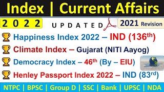 Index Current Affairs 2022 | Till June 2022 | India's Rank In Various Indexes | Current Affairs 2022