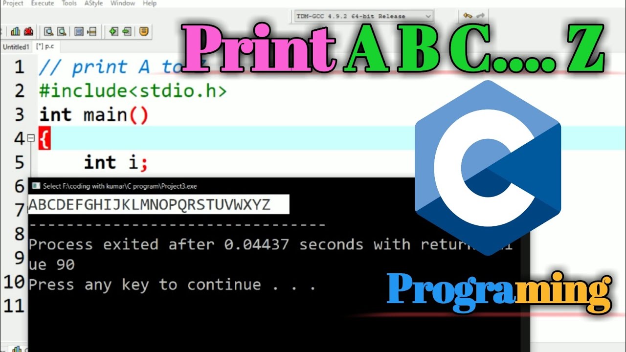 Simple C Program To Print Alphabets (A To Z) Using For Loop | Display ...