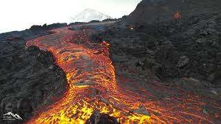 Drone  flying low above lava at Fagradalsfjall volcano, Iceland