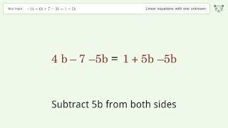 Linear equation with one unknown: Solve -14+6b+7-2b=1+5b step-by-step solution