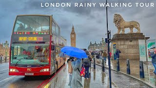 London Rainy Walk Tour | 4K HDR Virtual Walking Tour around the City | Central London Street Walk