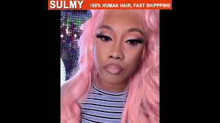 【SULMY.COM】 Pink Lace Closure Wigs Human Hair Long Light Pink Colored Wigs