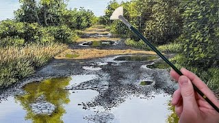 Acrylic Painting Timelapse | Puddle on a Gravel Road | Paint this Landscape