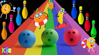 Bowling Ball Adventure For Kids | Fruits with bowling pins | Learn Fruits name colorful bowling pins
