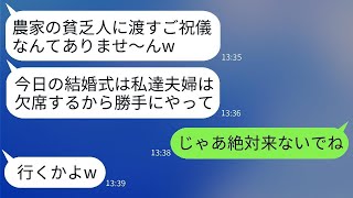 農家の娘の私を貧乏人だと見下し、結婚式の当日にドタキャンした自称エリートの義妹夫。「ご祝儀がもったいない」と言っていたが、式直前に会場を知った二人が大慌てでやってきた結果。