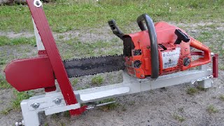 Firewood chainsaw processing on chainsaw bench Malkas zāģis